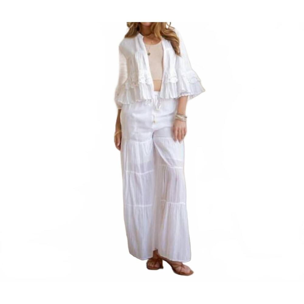 NEW YOUNG THREADS tiered crochet lace shrug & high-waist pant set in white